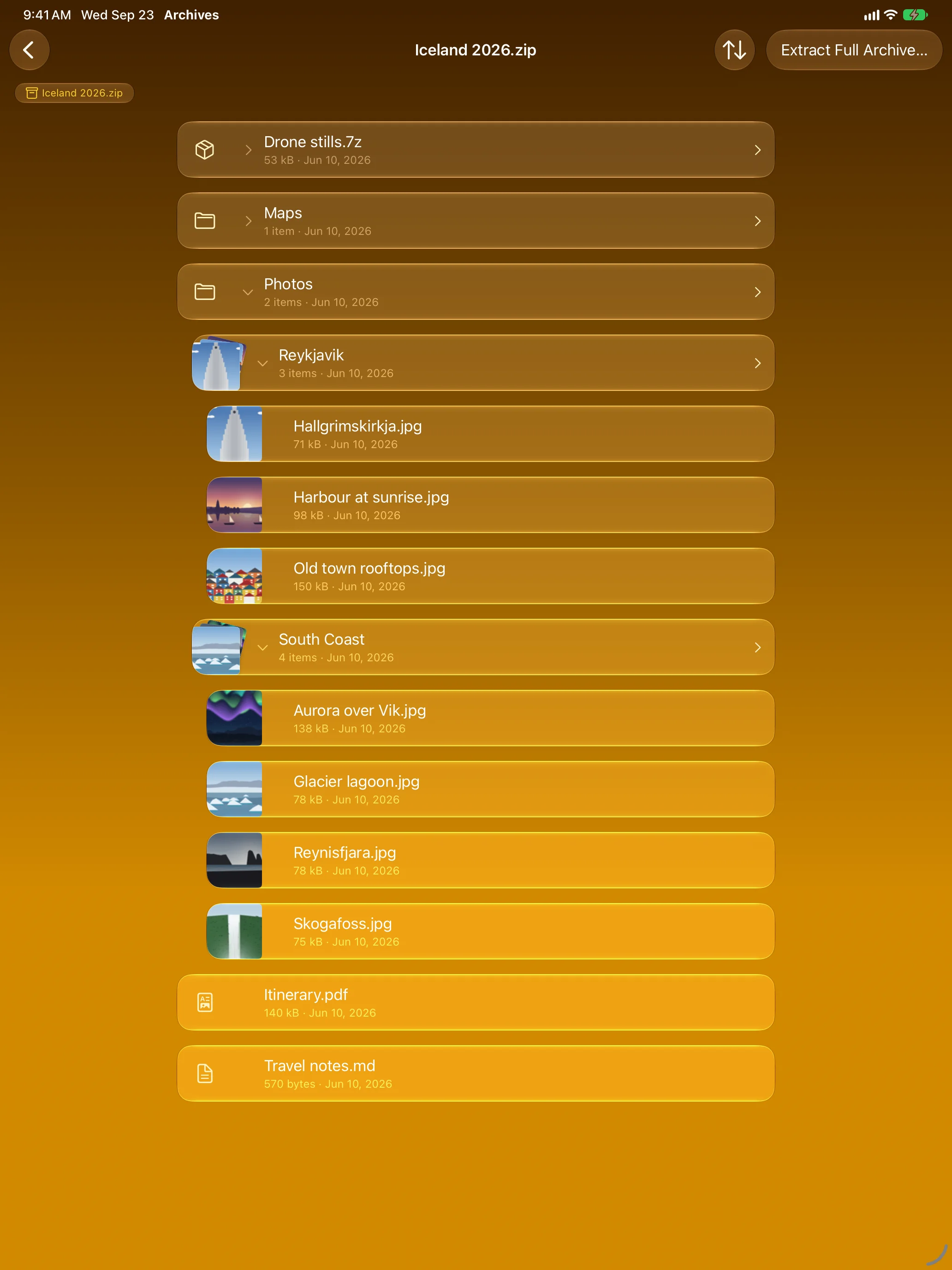 iPad - Browsing the folder tree of a ZIP archive with photo thumbnails